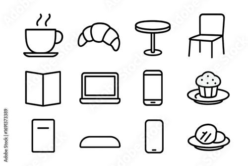 Café Gathering Icons. Outline icon set of May gathering with friends at a café: coffee cup, croissant, table,