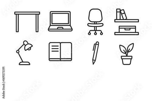 Compact Home Office Icons. Outline icon set of Compact home office: small desk, laptop, chair, wall shelves,