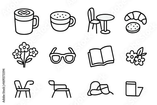 Springtime Coffee Icons. Outline icon set of Springtime coffee break: latte, cappuccino, outdoor table, chair,