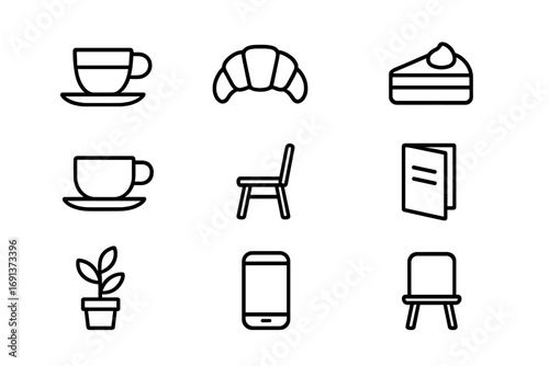 Café Icon Grid. Outline icon set of Café social gathering: espresso, croissant, dessert plate, cup, chair,