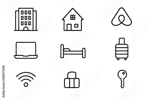 Nomad Accommodation Icons. Outline icon set of Accommodation for digital nomads: hotel, hostel, Airbnb, laptop