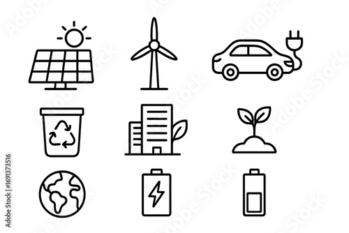 Carbon-Neutral Icons Set. Outline icon set of Carbon-neutral businesses: solar panel, wind turbine, electric