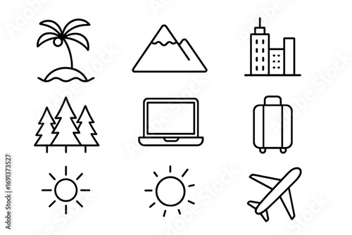 Nomad Destinations Icons. Outline icon set of Seasonal nomad destinations: beach, mountain, city skyline,