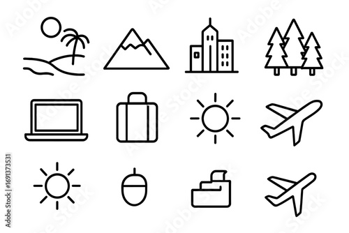 Nomad Destinations Icons. Outline icon set of Seasonal nomad destinations: beach, mountain, city skyline,