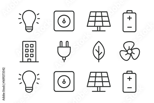 Energy Efficiency Icons. Outline icon set of Energy efficiency in business: LED light, thermostat, solar panel