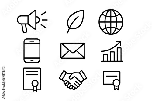 Eco Marketing Icons. Outline icon set of Eco-conscious marketing: megaphone, leaf, globe, smartphone, email,