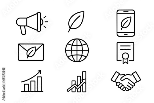 Eco Marketing Icons. Outline icon set of Eco-conscious marketing: megaphone, leaf, globe, smartphone, email,
