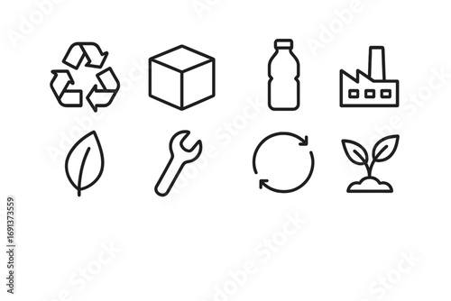 Circular Economy Icons. Outline icon set of Circular economy practices: recycling symbol, box, bottle, factory