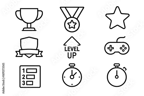 Gamified Learning Icons. Outline icon set of Gamified learning: trophy, medal, star, badge, level up, joystick