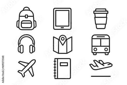 Learning Essentials Icons. Outline icon set of Learning on the go: backpack, tablet, coffee cup, headphones,
