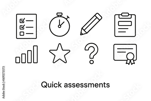 Assessment Icons Grid. Outline icon set of Quick assessments: checklist, timer, pencil, clipboard, graph, star