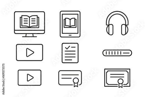 E-Learning Icons Grid. Outline icon set of E-learning modules: computer, tablet, smartphone, headphones, video