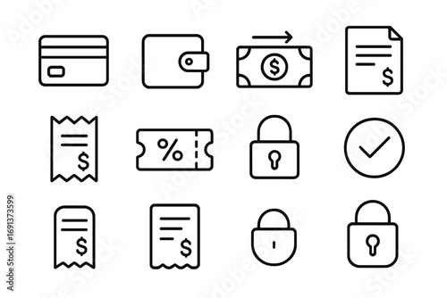 Payment Icons Grid. Outline icon set of Payment and billing: credit card, digital wallet, bank transfer,