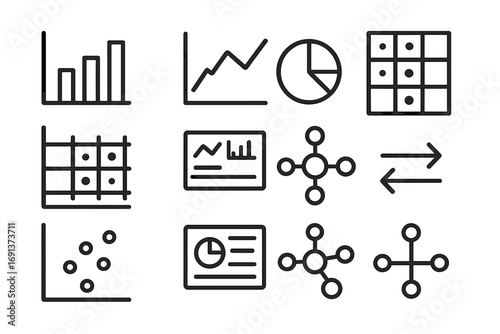Code Metrics Icon Set. Outline icon set of Code metrics visualization: bar chart, line chart, pie chart,