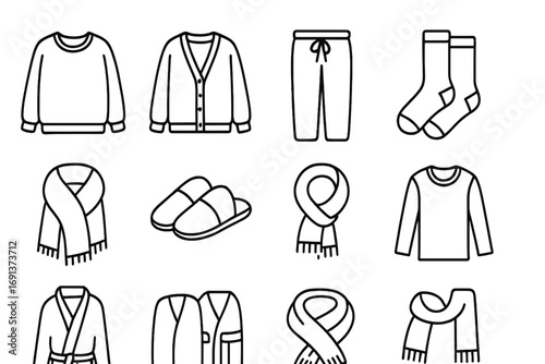 Cozy Layering Icons. Outline icon set of Cozy indoor layering: oversized sweater, cardigan, lounge pants,
