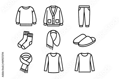 Cozy Layering Icons. Outline icon set of Cozy indoor layering: oversized sweater, cardigan, lounge pants,