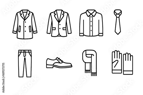 Winter Business Wear Icons. Outline icon set of Business winter wear: overcoat, blazer, dress shirt, tie,