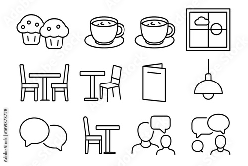 Café Hangout Icons. Outline icon set of Casual café hangouts: muffins, cappuccino cups, wooden table, chairs,