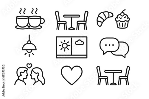 Cozy Café Icons. Outline icon set of Cozy café couple moments: coffee cups, small table, chairs, pastries,