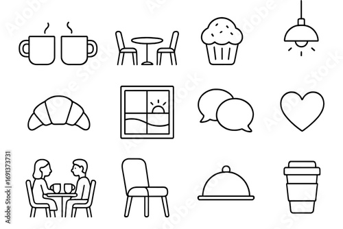 Cozy Café Icons. Outline icon set of Cozy café couple moments: coffee cups, small table, chairs, pastries,