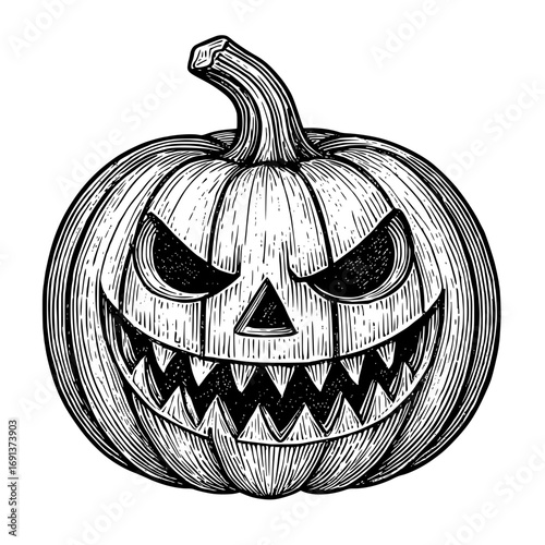 Isolated Spooky Halloween Jack-o'-lantern Vintage Woodcut Style
