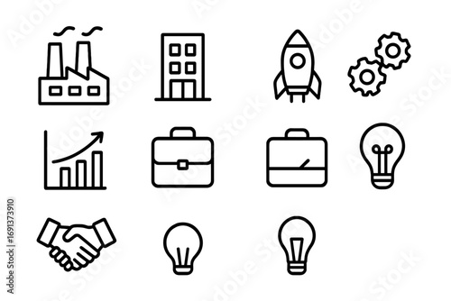 Industry Icons Grid. Outline icon set of Industry change: factory, office building, gears, rocket, chart,