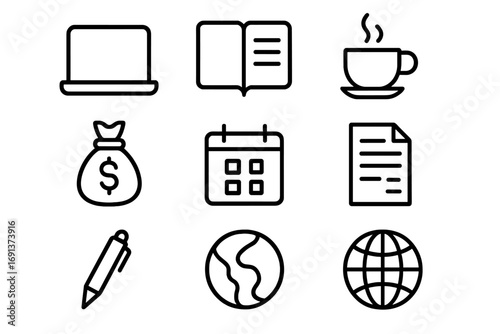Freelancing Icon Set. Outline icon set of Freelancing career start: laptop, notebook, coffee cup, money bag,
