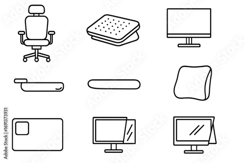 Ergonomic Workspace Icons. Outline icon set of Ergonomic workspace setup: adjustable chair, footrest, monitor