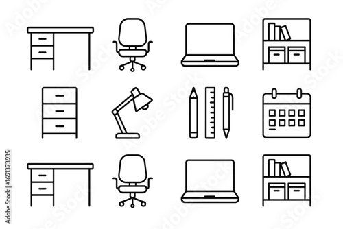 Home Office Essentials. Outline icon set of Organizing home offices and workspaces: desk, office chair, laptop