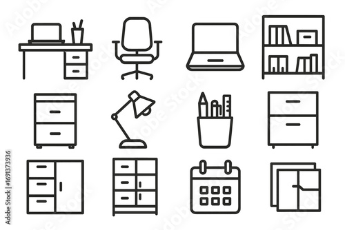 Home Office Essentials. Outline icon set of Organizing home offices and workspaces: desk, office chair, laptop