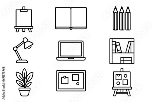 Creative Workspace Icons. Outline icon set of Creative home office setup: easel, sketchbook, colored pencils,