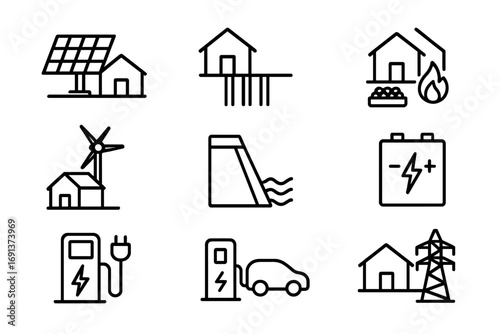 Renewable Energy Icons. Outline icon set of renewable energy for buildings: solar farm, geothermal system,