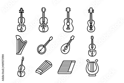 Kid's String Instruments. Outline icon set of string instruments for kids: small violin, cello, guitar, ukulele, harp, banjo,