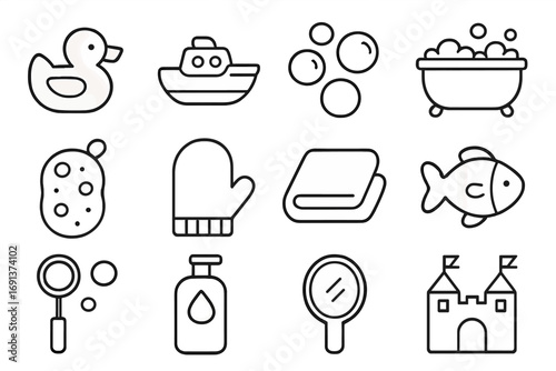 Kids' Bath Time Icons. Outline icon set of kids’ bubble bath play: rubber duck, toy boat, soap bubbles, bathtub, sponge, wash mitt