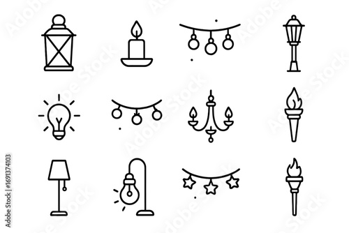 Evening Terrace Icons. Outline icon set of evening terrace lighting: lantern, candle, hanging lights, lamp