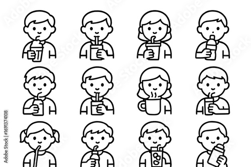 Kids' Beverage Icons. Outline icon set of kids drinking beverages: child with milkshake, juice box, smoothie cup, water bottle,