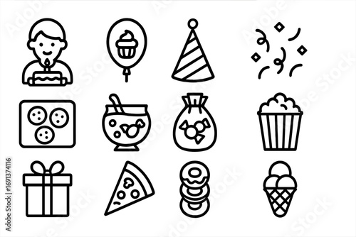 Kids' Celebration Icons. Outline icon set of kids celebrating with food: child with birthday cake, balloon with cupcake, party hat