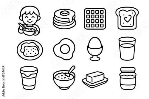 Kids' Breakfast Icons. Outline icon set of kids enjoying breakfast foods: child with cereal bowl, pancake stack, waffle, toast