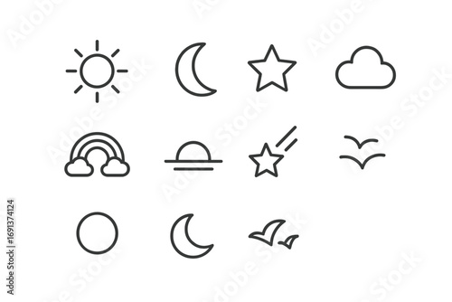 Evening Sky Icons. Outline icon set of evening sky elements: sun, half-moon, star, cloud, rainbow, horizon