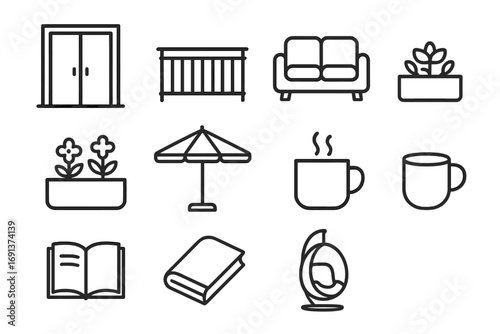 Terrace Lifestyle Icons. Outline icon set of terrace lifestyle: balcony door, railing, outdoor sofa, small
