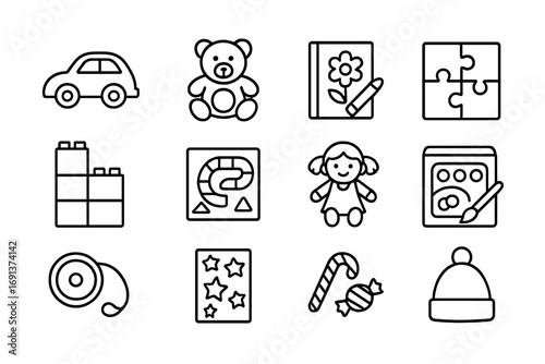 Kids' Gift Icons. Outline icon set of Kids’ holiday gift exchange: toy car, teddy bear, coloring book, puzzle, building blocks,