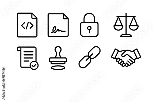 Smart Contracts Icon Set. Outline icon set of smart contracts in commerce: document with code, digital