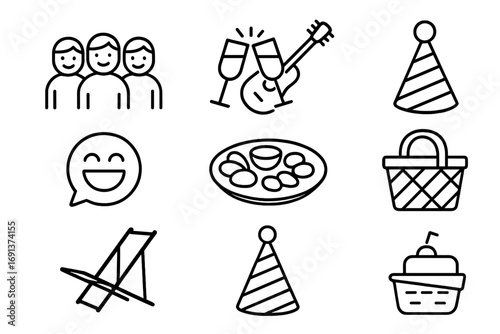 Terrace Gathering Icons. Outline icon set of terrace gatherings: group of friends, clinking glasses, guitar,