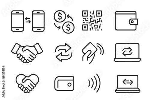P2P Transaction Icons. Outline icon set of peer-to-peer transactions: two smartphones, coin exchange, QR code,