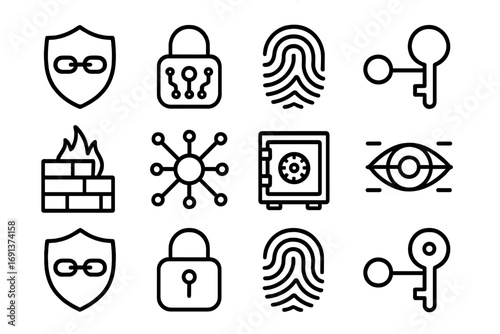 Blockchain Security Icons. Outline icon set of blockchain security in commerce: shield with chain, encrypted