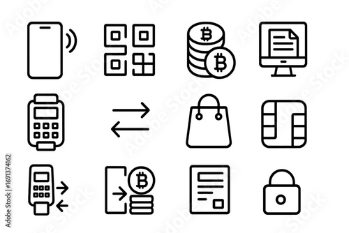 Blockchain Payment Icons. Outline icon set of blockchain-based payments: NFC phone, QR scan, coin stack,