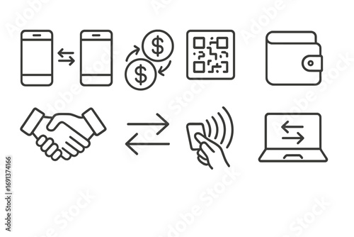 P2P Transaction Icons. Outline icon set of peer-to-peer transactions: two smartphones, coin exchange, QR code,