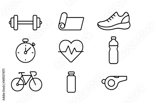 Fitness Icon Grid. Outline icon set of fitness lifestyle blogging: dumbbell, yoga mat, running shoe, stopwatch