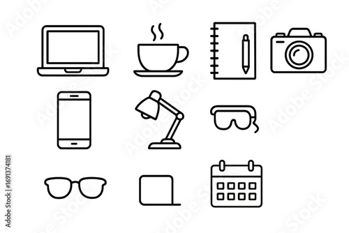 Lifestyle Blogging Essentials. Outline icon set of lifestyle blogging essentials: laptop, coffee cup, notebook