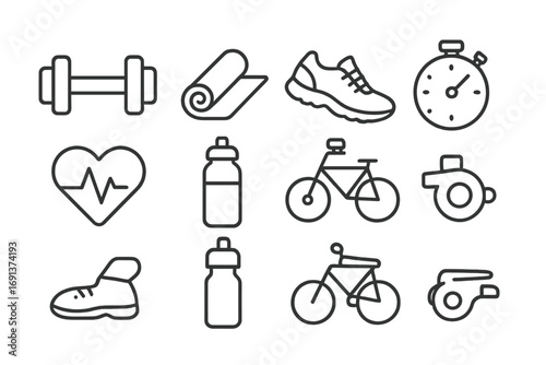 Fitness Icon Grid. Outline icon set of fitness lifestyle blogging: dumbbell, yoga mat, running shoe, stopwatch